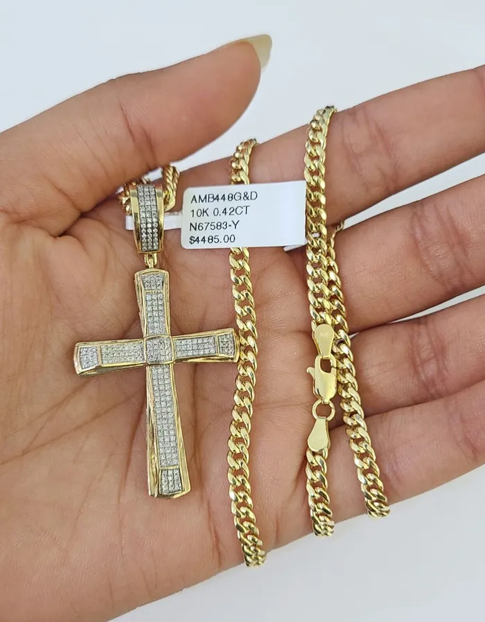 Globalwatches10 Necklaces 10k Miami Cuban Chain Jesus Cross Charm Set 45mm 2028 Necklace Pendant Gold