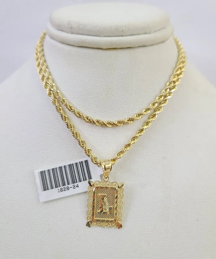 Gold and Diamond 10k Gold Initial L Charm Rope Chain 1626 25mm SET Necklace Alphabet Pendant Necklaces Gold and Diamond 10k Gold Initial L Charm Rope Chain 1626 25mm SET Necklace Alphabet Pendant Necklaces