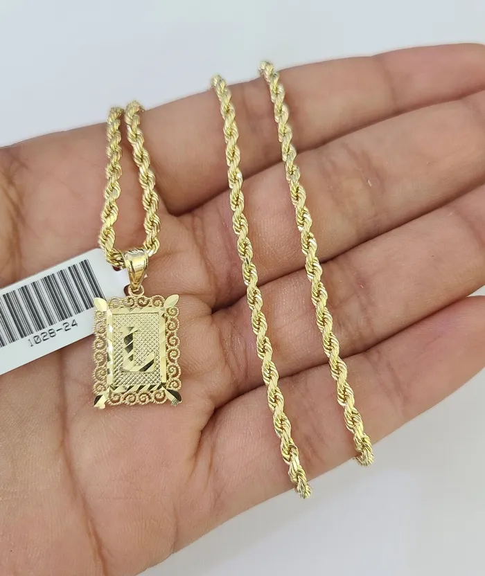 Gold and Diamond 10k Gold Initial L Charm Rope Chain 1626 25mm SET Necklace Alphabet Pendant Necklaces