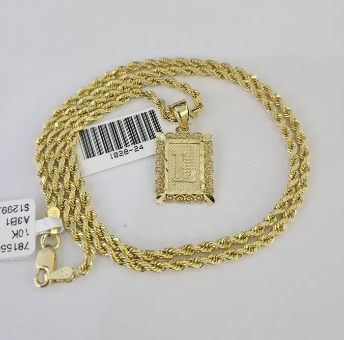 Gold and Diamond 10k Gold Initial L Charm Rope Chain 1626 25mm SET Necklace Alphabet Pendant Necklaces