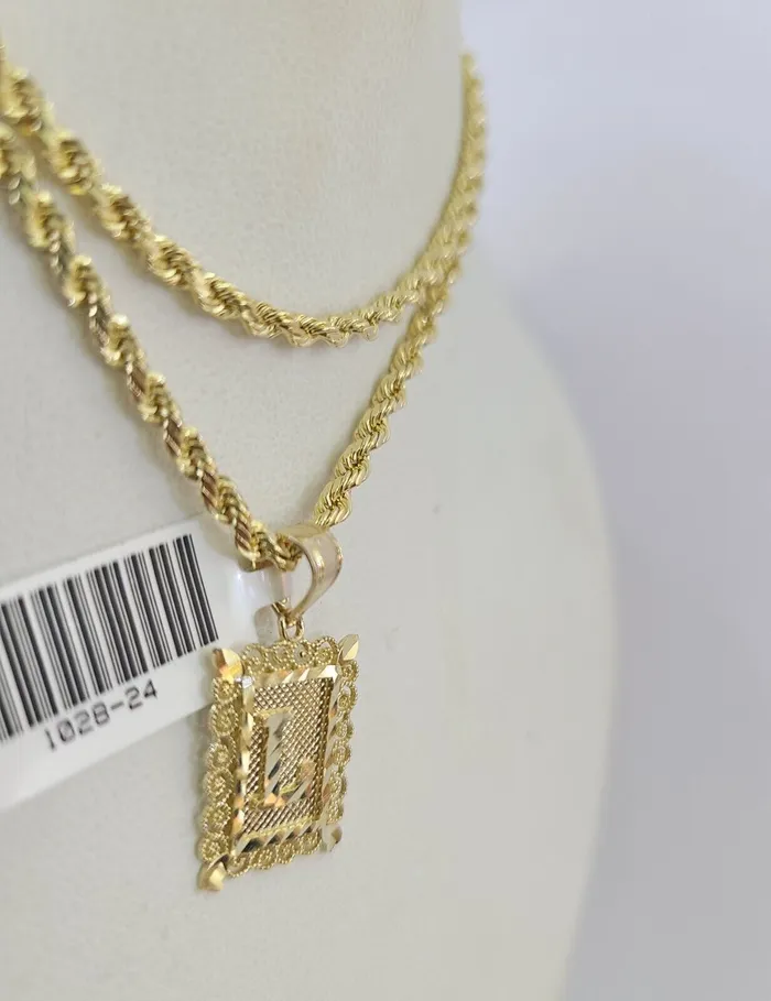 Gold and Diamond 10k Gold Initial L Charm Rope Chain 1626 25mm SET Necklace Alphabet Pendant Necklaces
