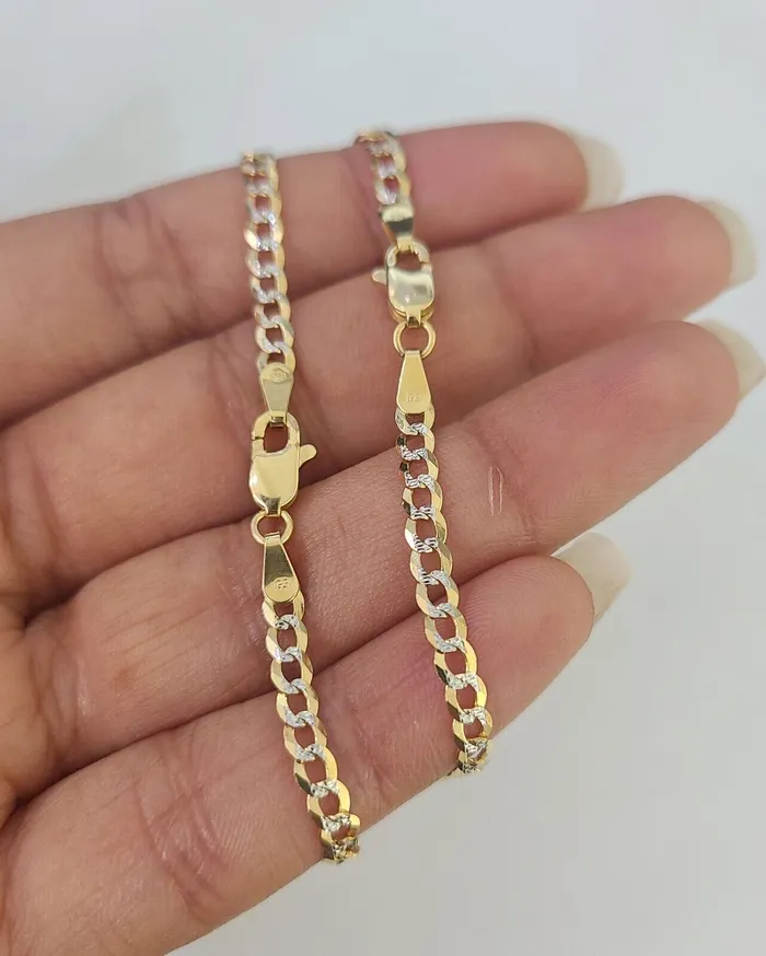 Gold and Diamond Bracelets 14K Solid Cuban Curb Link Bracelet Diamond Cut 3mm 7 Inch REAL Yellow Gold