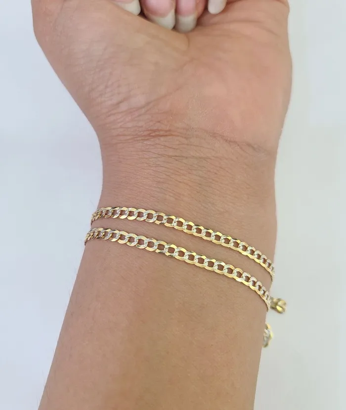 Gold and Diamond Bracelets 14K Solid Cuban Curb Link Bracelet Diamond Cut 3mm 7 Inch REAL Yellow Gold