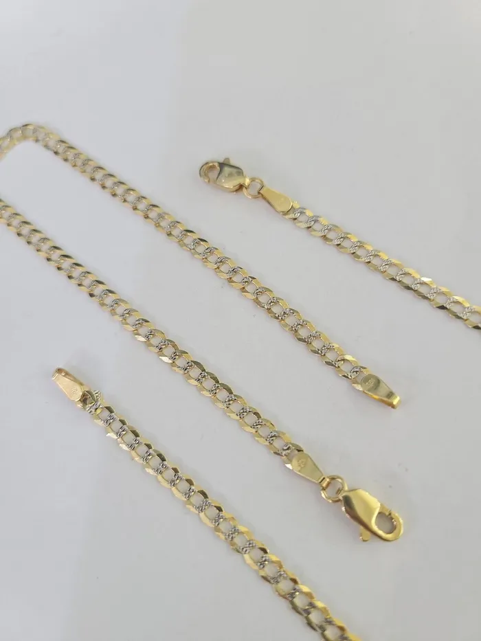 Gold and Diamond Bracelets 14K Solid Cuban Curb Link Bracelet Diamond Cut 3mm 7 Inch REAL Yellow Gold