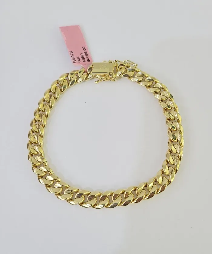 Gold and Diamond Bracelets Real 14K Miami Cuban Bracelet Yellow Gold Box Clasp 8 Inch 7mm Link Hollow