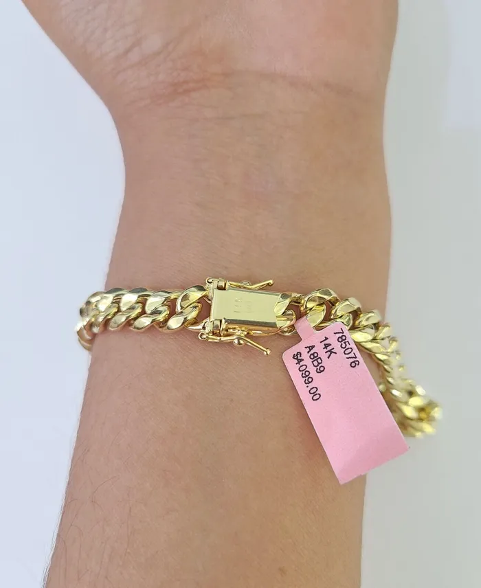 Gold and Diamond Bracelets Real 14K Miami Cuban Bracelet Yellow Gold Box Clasp 8 Inch 7mm Link Hollow