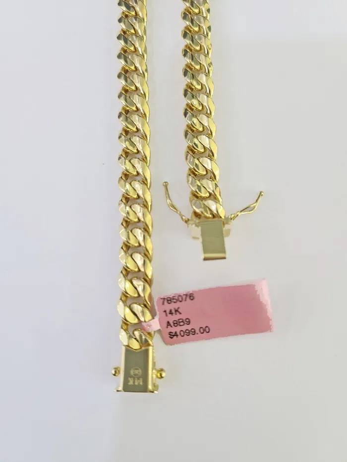 Gold and Diamond Bracelets Real 14K Miami Cuban Bracelet Yellow Gold Box Clasp 8 Inch 7mm Link Hollow