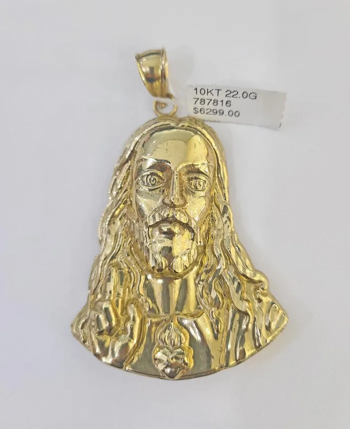 Gold and Diamond Charm Necklaces Real 10K Yellow Gold Jesus Head Pendant Charm Genuine