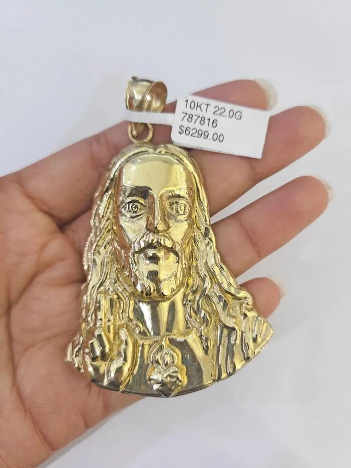 Gold and Diamond Charm Necklaces Real 10K Yellow Gold Jesus Head Pendant Charm Genuine