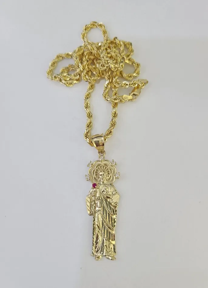 Gold and Diamond Necklaces 10k 3mm Rope Chain Saint Jude Pendant 1830 Yellow Gold Set Charm Necklace Gold and Diamond Necklaces 10k 3mm Rope Chain Saint Jude Pendant 1830 Yellow Gold Set Charm Necklace