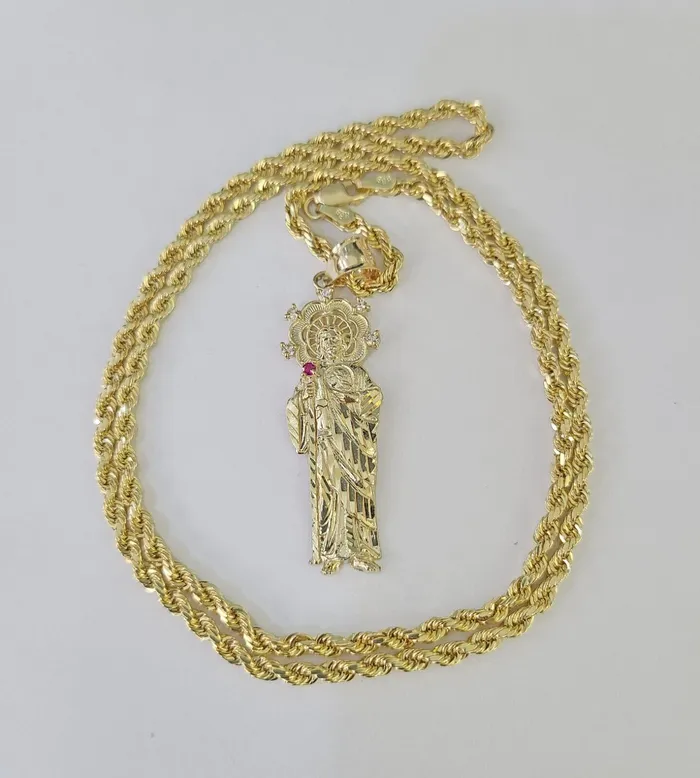 Gold and Diamond Necklaces 10k 3mm Rope Chain Saint Jude Pendant 1830 Yellow Gold Set Charm Necklace