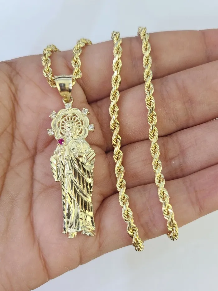 Gold and Diamond Necklaces 10k 3mm Rope Chain Saint Jude Pendant 1830 Yellow Gold Set Charm Necklace