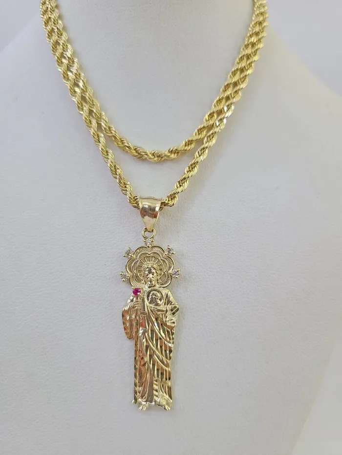 Gold and Diamond Necklaces 10k 3mm Rope Chain Saint Jude Pendant 1830 Yellow Gold Set Charm Necklace