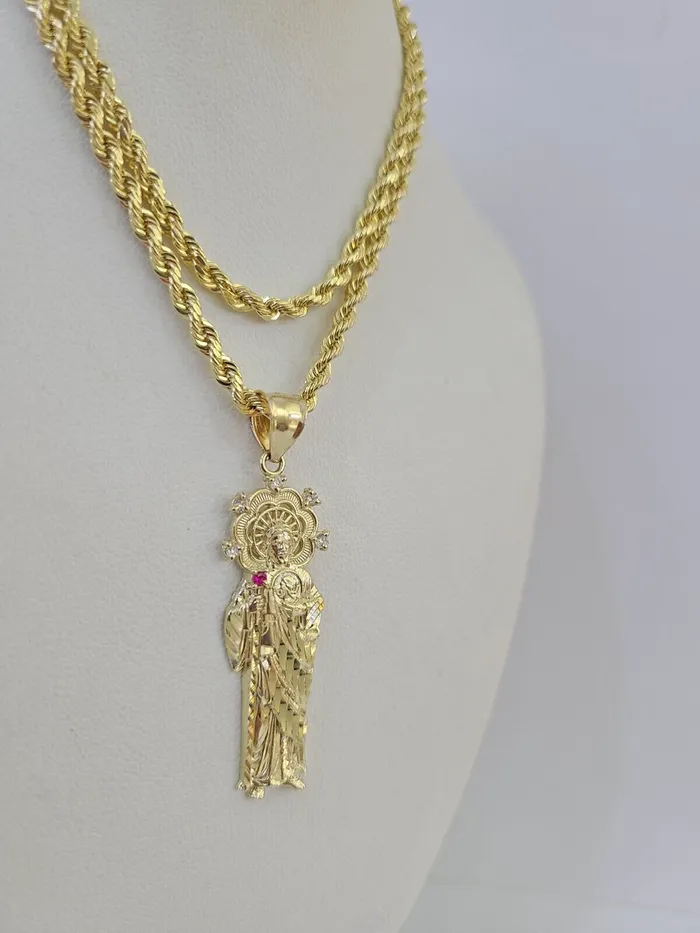 Gold and Diamond Necklaces 10k 3mm Rope Chain Saint Jude Pendant 1830 Yellow Gold Set Charm Necklace