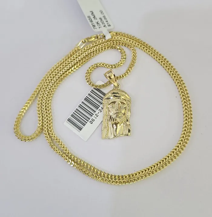 Gold and Diamond Necklaces 10K Franco Chain Jesus Head Pendant Charm Necklace 1624 2mm Gold SET Yellow