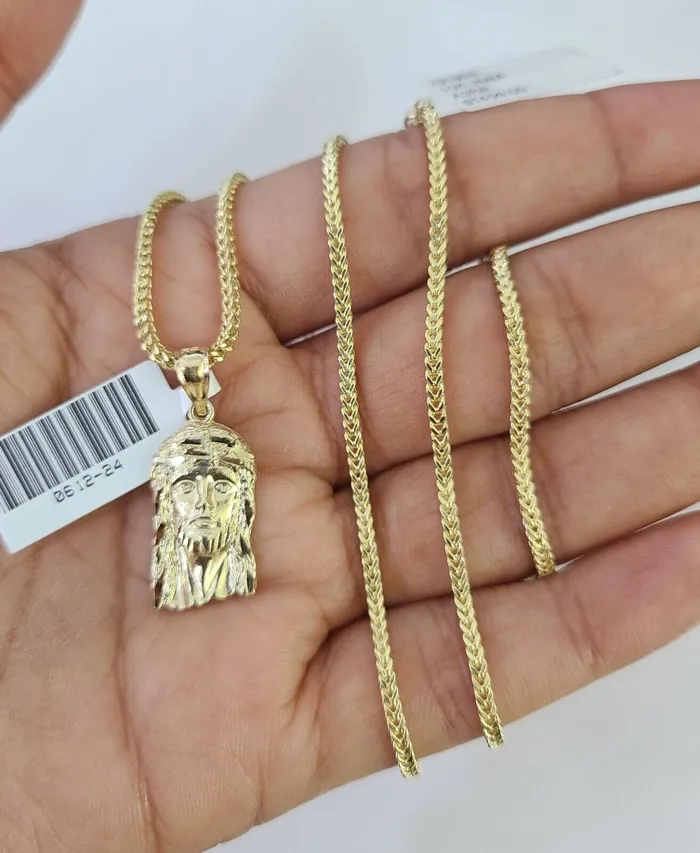 Gold and Diamond Necklaces 10K Franco Chain Jesus Head Pendant Charm Necklace 1624 2mm Gold SET Yellow