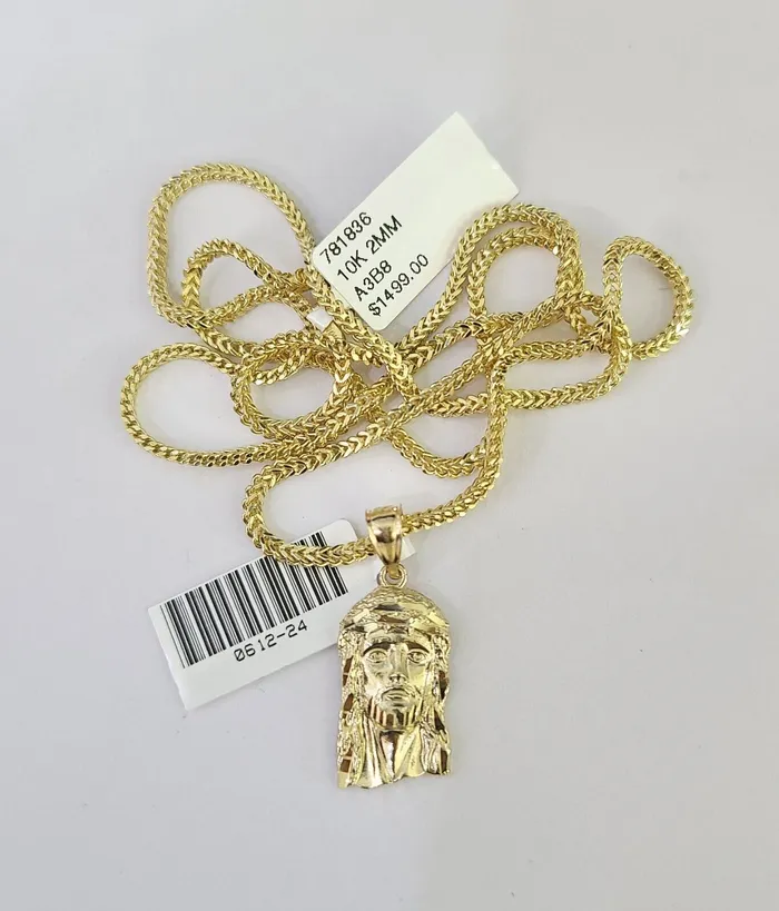 Gold and Diamond Necklaces 10K Franco Chain Jesus Head Pendant Charm Necklace 1624 2mm Gold SET Yellow