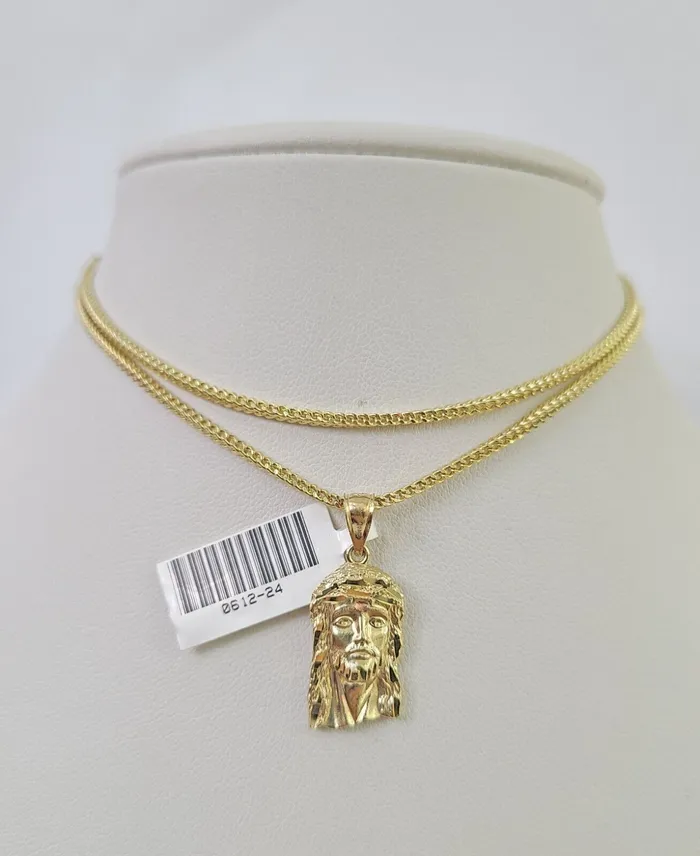 Gold and Diamond Necklaces 10K Franco Chain Jesus Head Pendant Charm Necklace 1624 2mm Gold SET Yellow