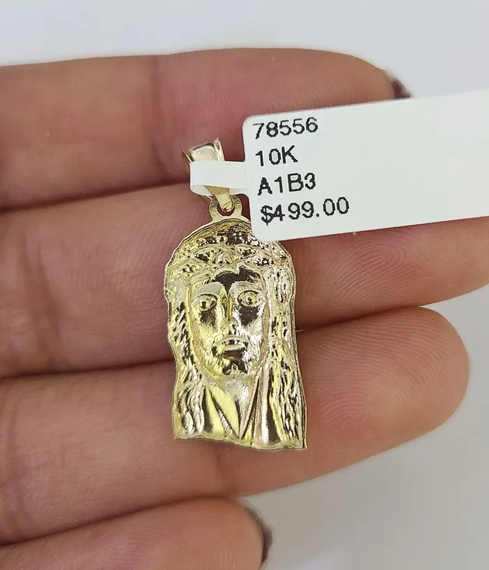 Gold and Diamond Necklaces 10K Franco Chain Jesus Head Pendant Charm Necklace 1624 2mm Gold SET Yellow