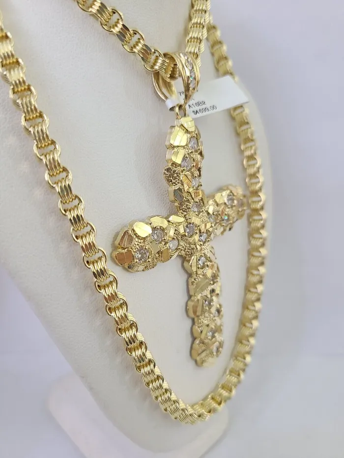 Gold and Diamond Necklaces 10k Gold Byzantine Necklace Jesus Cross Charm 1830 inches 5mm SET Chain Pendant