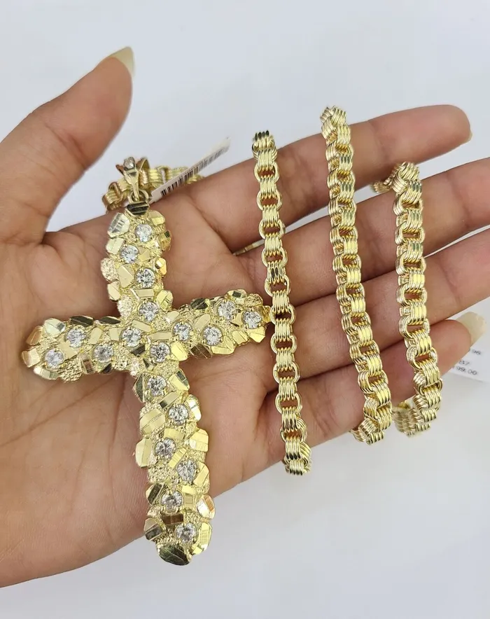 Gold and Diamond Necklaces 10k Gold Byzantine Necklace Jesus Cross Charm 1830 inches 5mm SET Chain Pendant