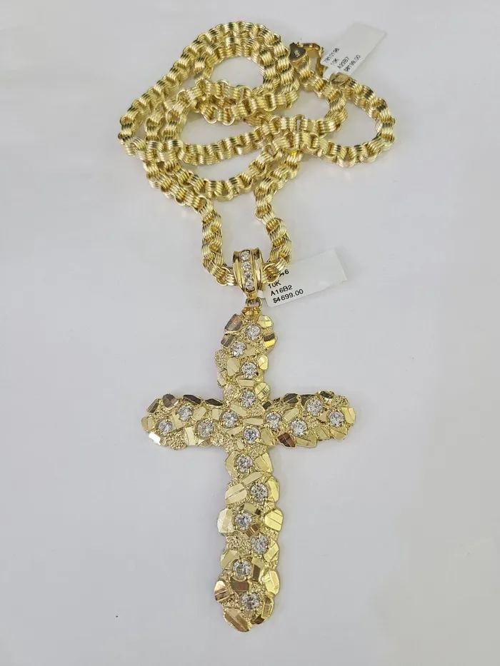 Gold and Diamond Necklaces 10k Gold Byzantine Necklace Jesus Cross Charm 1830 inches 5mm SET Chain Pendant