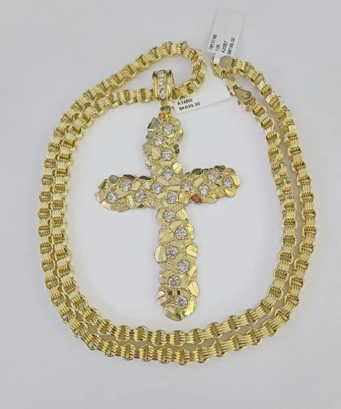 Gold and Diamond Necklaces 10k Gold Byzantine Necklace Jesus Cross Charm 1830 inches 5mm SET Chain Pendant