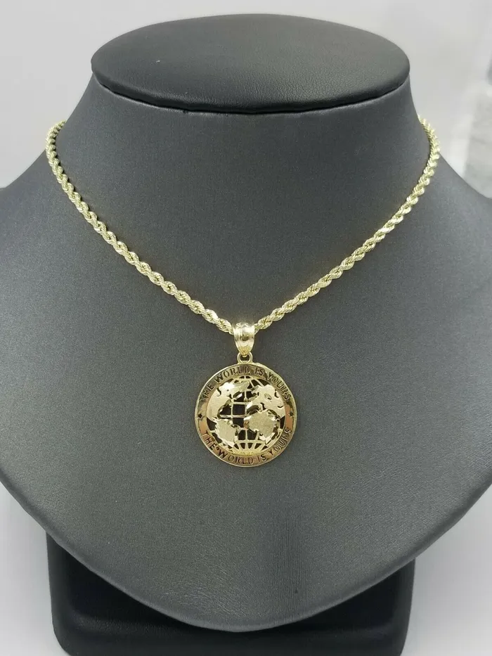 Gold and Diamond Necklaces 10k Gold Men Globe Diamond Cut Pendant 25mm Rope Chain 18 20 22 24 26 28 Inch Gold and Diamond Necklaces 10k Gold Men Globe Diamond Cut Pendant 25mm Rope Chain 18 20 22 24 26 28 Inch