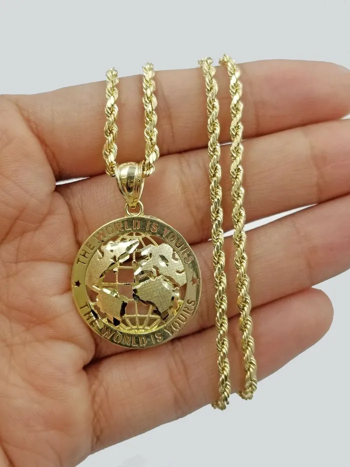 Gold and Diamond Necklaces 10k Gold Men Globe Diamond Cut Pendant 25mm Rope Chain 18 20 22 24 26 28 Inch
