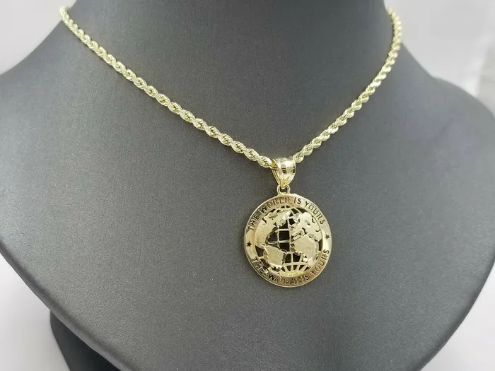 Gold and Diamond Necklaces 10k Gold Men Globe Diamond Cut Pendant 25mm Rope Chain 18 20 22 24 26 28 Inch