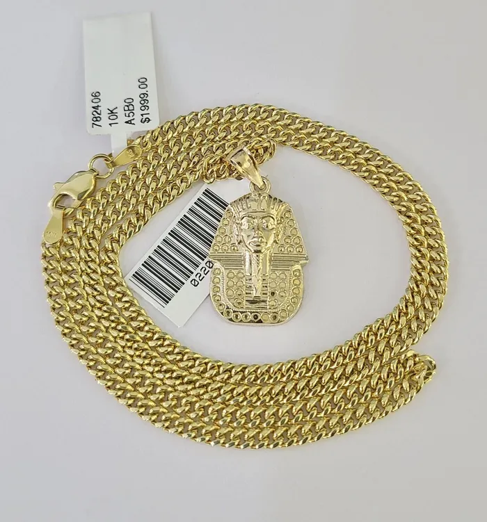 Gold and Diamond Necklaces 10K Gold Miami Cuban Chain Pharaoh 1828 3mm REAL Pendant Necklace SET Gold and Diamond Necklaces 10K Gold Miami Cuban Chain Pharaoh 1828 3mm REAL Pendant Necklace SET