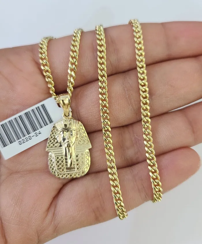 Gold and Diamond Necklaces 10K Gold Miami Cuban Chain Pharaoh 1828 3mm REAL Pendant Necklace SET