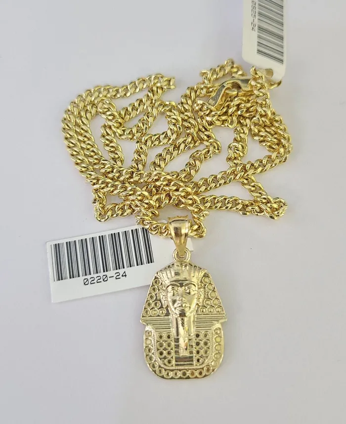 Gold and Diamond Necklaces 10K Gold Miami Cuban Chain Pharaoh 1828 3mm REAL Pendant Necklace SET