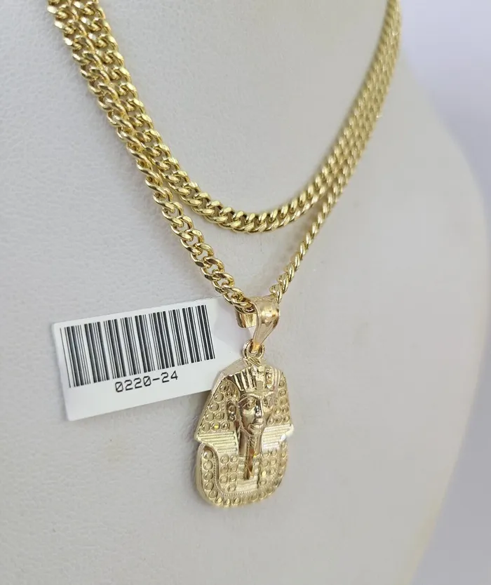 Gold and Diamond Necklaces 10K Gold Miami Cuban Chain Pharaoh 1828 3mm REAL Pendant Necklace SET