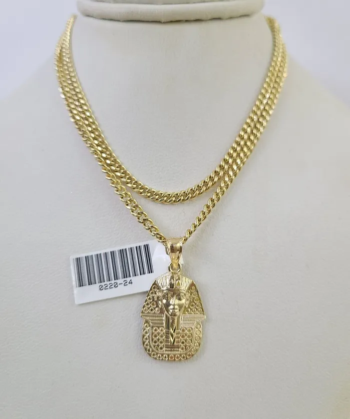 Gold and Diamond Necklaces 10K Gold Miami Cuban Chain Pharaoh 1828 3mm REAL Pendant Necklace SET