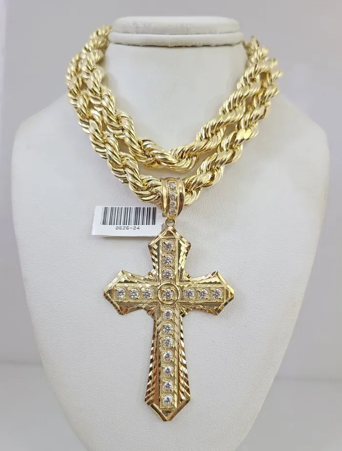 Gold and Diamond Necklaces 10k Hollow Rope Chain Jesus Cross Charm Necklace Set 9mm 2030 Gold Gold and Diamond Necklaces 10k Hollow Rope Chain Jesus Cross Charm Necklace Set 9mm 2030 Gold
