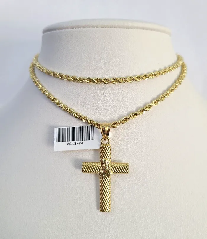 Gold and Diamond Necklaces 10k Solid Rope Chain 3mm Jesus Cross Pendant Charm Necklace SET 1826 in Gold and Diamond Necklaces 10k Solid Rope Chain 3mm Jesus Cross Pendant Charm Necklace SET 1826 in