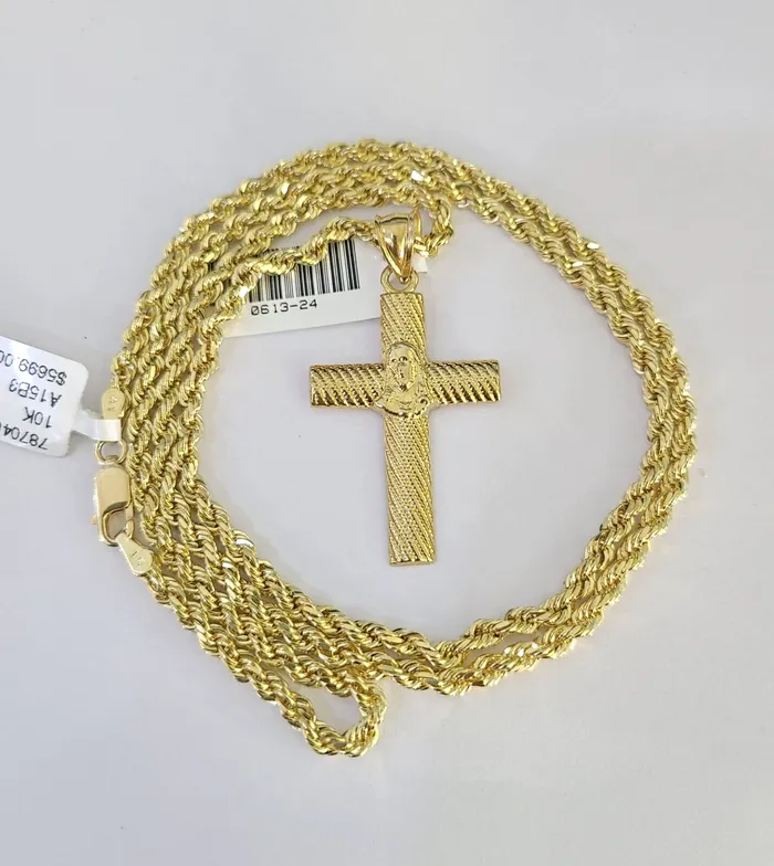 Gold and Diamond Necklaces 10k Solid Rope Chain 3mm Jesus Cross Pendant Charm Necklace SET 1826 in