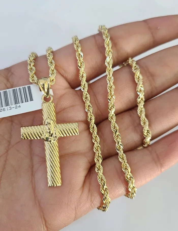 Gold and Diamond Necklaces 10k Solid Rope Chain 3mm Jesus Cross Pendant Charm Necklace SET 1826 in