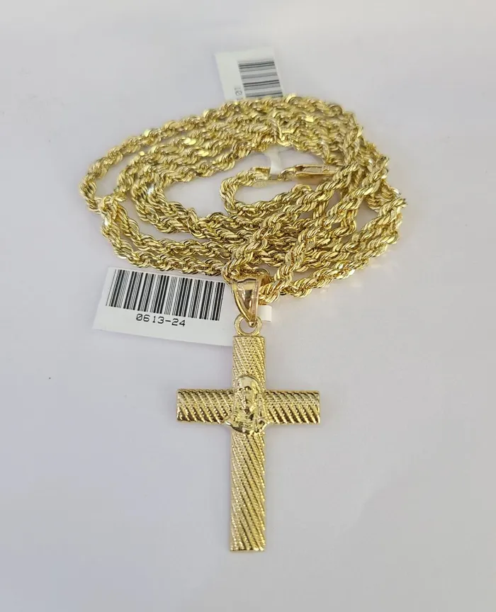 Gold and Diamond Necklaces 10k Solid Rope Chain 3mm Jesus Cross Pendant Charm Necklace SET 1826 in