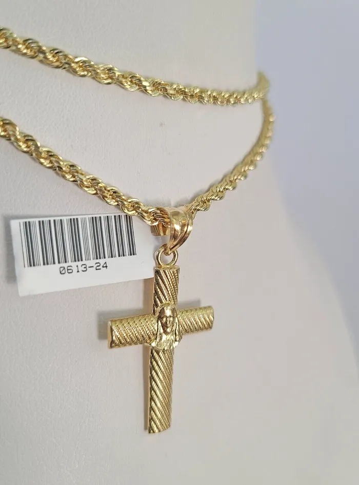 Gold and Diamond Necklaces 10k Solid Rope Chain 3mm Jesus Cross Pendant Charm Necklace SET 1826 in