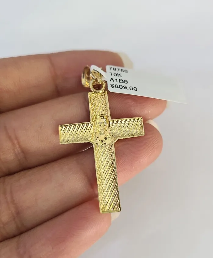 Gold and Diamond Necklaces 10k Solid Rope Chain 3mm Jesus Cross Pendant Charm Necklace SET 1826 in