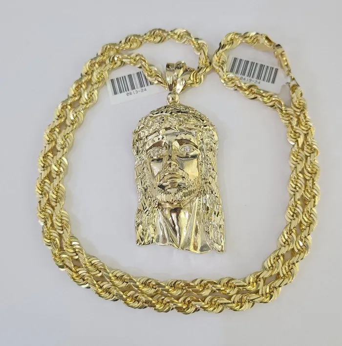 Gold and Diamond Necklaces Real 10k Solid Rope Chain Jesus Head Charm Set 6mm 2030 Inch Necklace Gold Gold and Diamond Necklaces Real 10k Solid Rope Chain Jesus Head Charm Set 6mm 2030 Inch Necklace Gold