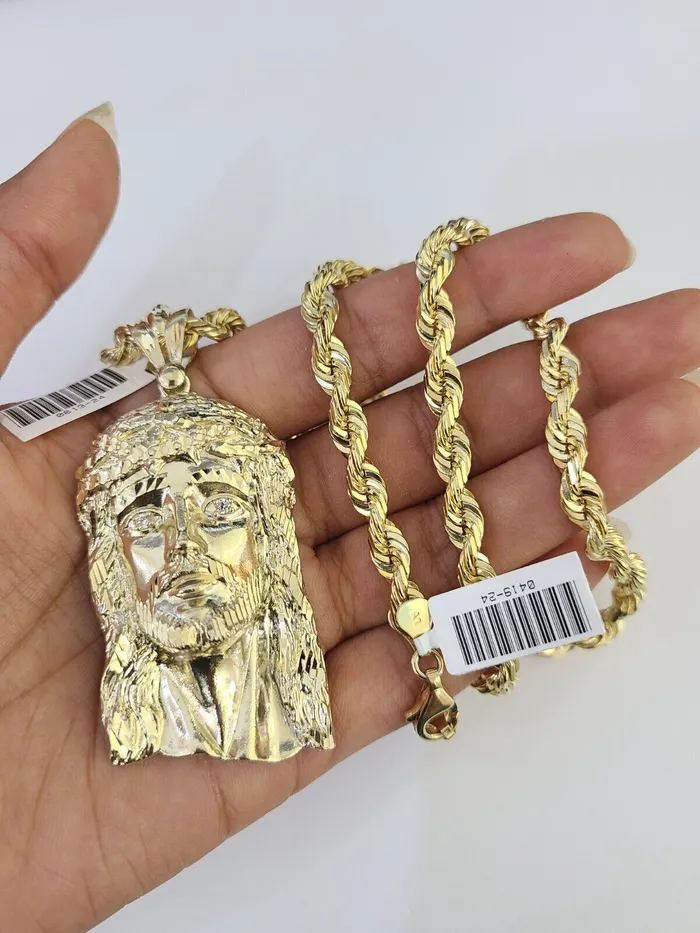 Gold and Diamond Necklaces Real 10k Solid Rope Chain Jesus Head Charm Set 6mm 2030 Inch Necklace Gold