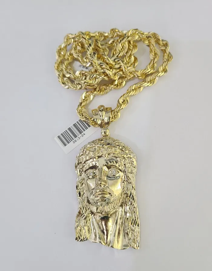 Gold and Diamond Necklaces Real 10k Solid Rope Chain Jesus Head Charm Set 6mm 2030 Inch Necklace Gold