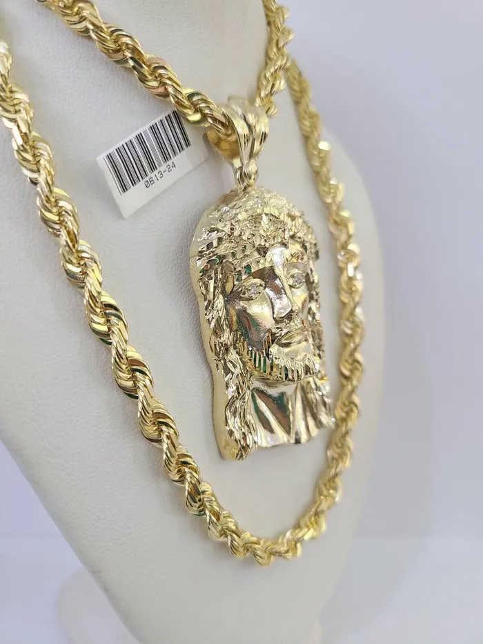 Gold and Diamond Necklaces Real 10k Solid Rope Chain Jesus Head Charm Set 6mm 2030 Inch Necklace Gold