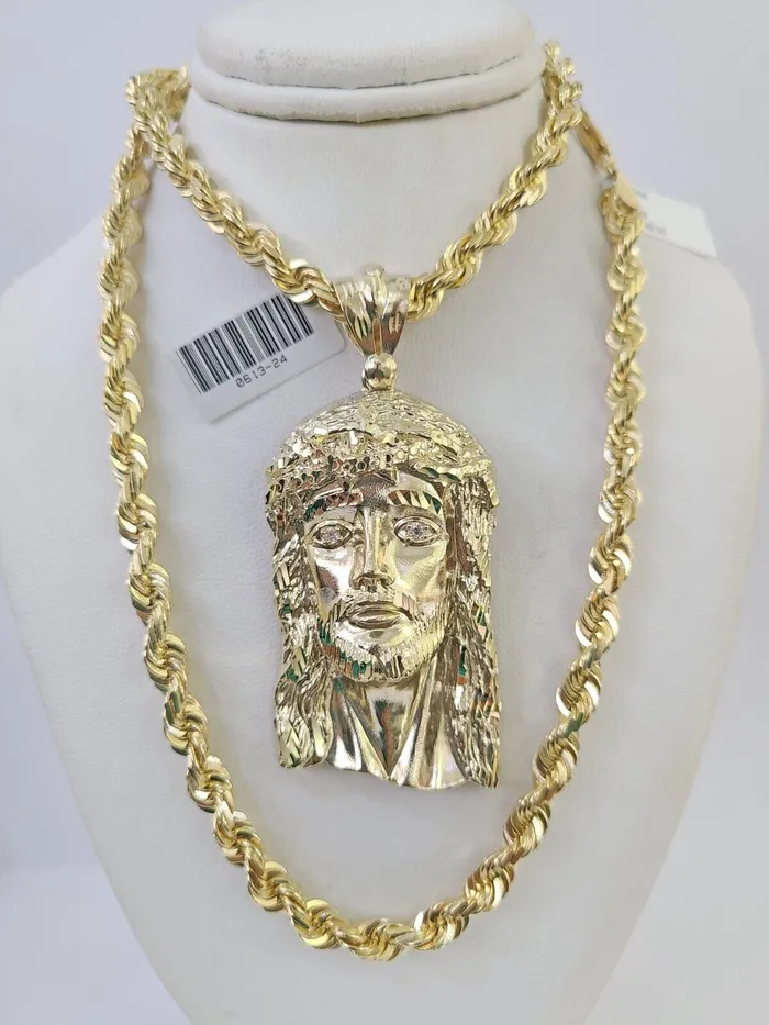 Gold and Diamond Necklaces Real 10k Solid Rope Chain Jesus Head Charm Set 6mm 2030 Inch Necklace Gold