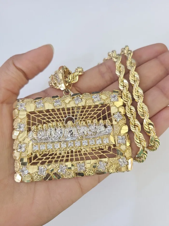 Gold and Diamond Necklaces Real 14k Solid Rope Chain Last Supper Charm Set 6mm 1830 Necklace Gold Gold and Diamond Necklaces Real 14k Solid Rope Chain Last Supper Charm Set 6mm 1830 Necklace Gold
