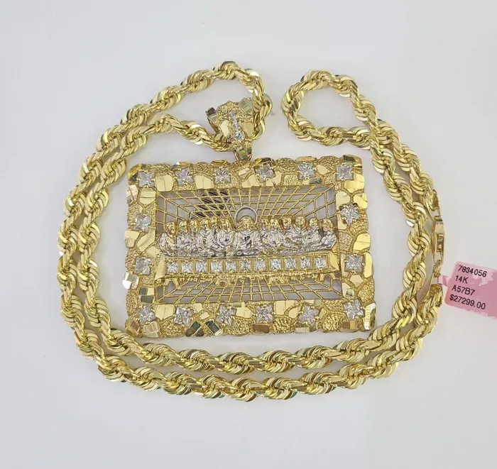 Gold and Diamond Necklaces Real 14k Solid Rope Chain Last Supper Charm Set 6mm 1830 Necklace Gold