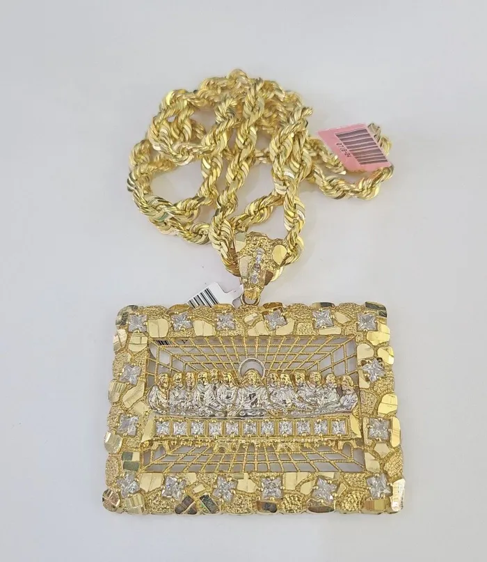 Gold and Diamond Necklaces Real 14k Solid Rope Chain Last Supper Charm Set 6mm 1830 Necklace Gold